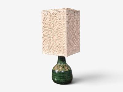 Swedish Modern Table Lamp Green Glazed Stoneware Crochet Shade Sweden 1976
