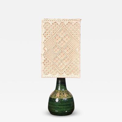 Swedish Modern Table Lamp Green Glazed Stoneware Crochet Shade Sweden 1976