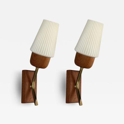 Swedish Modern Teak Brass Glass Wall Lights Sweden 1960s