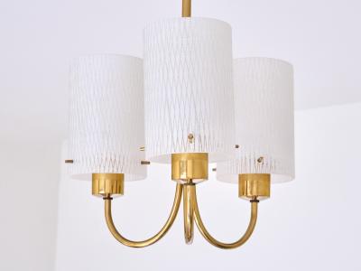 Swedish Modern Three Arm Pendant Light with Etched Glass Shades 1950s