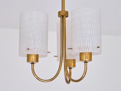 Swedish Modern Three Arm Pendant Light with Etched Glass Shades 1950s