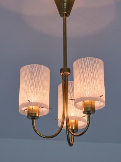 Swedish Modern Three Arm Pendant Light with Etched Glass Shades 1950s