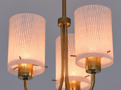 Swedish Modern Three Arm Pendant Light with Etched Glass Shades 1950s