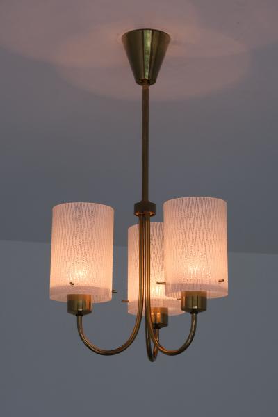 Swedish Modern Three Arm Pendant Light with Etched Glass Shades 1950s