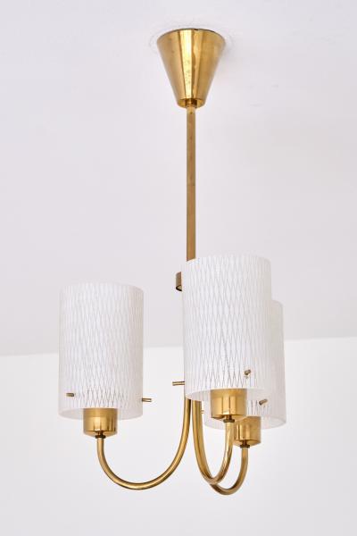 Swedish Modern Three Arm Pendant Light with Etched Glass Shades 1950s