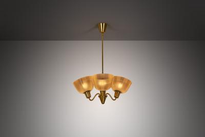 Swedish Modern Three Armed Chandelier with Frosted Glass Shades Sweden 1940s
