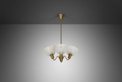 Swedish Modern Three Armed Chandelier with Frosted Glass Shades Sweden 1940s