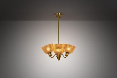 Swedish Modern Three Armed Chandelier with Frosted Glass Shades Sweden 1940s