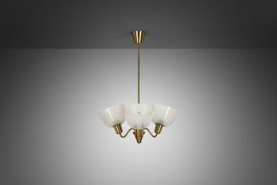 Swedish Modern Three Armed Chandelier with Frosted Glass Shades Sweden 1940s