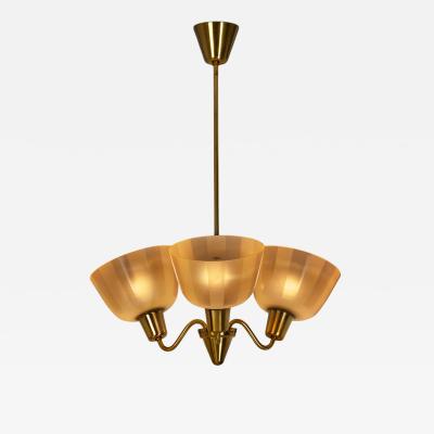 Swedish Modern Three Armed Chandelier with Frosted Glass Shades Sweden 1940s