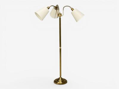 Swedish Modern Three Light Floor Lamp Reeded Brass Fabric Sweden 1970s