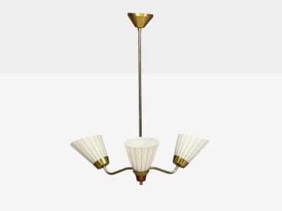 Swedish Modern Three Light Pendant Light Brass Wood Glass Sweden 1950s
