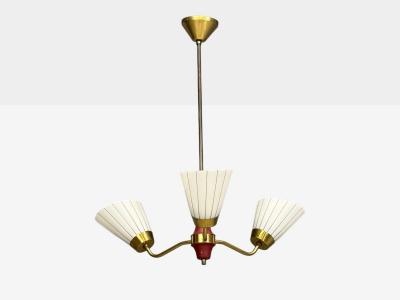Swedish Modern Three Light Pendant Light Brass Wood Glass Sweden 1950s