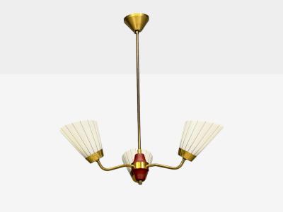 Swedish Modern Three Light Pendant Light Brass Wood Glass Sweden 1950s