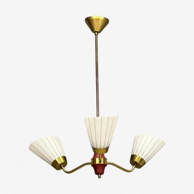 Swedish Modern Three Light Pendant Light Brass Wood Glass Sweden 1950s