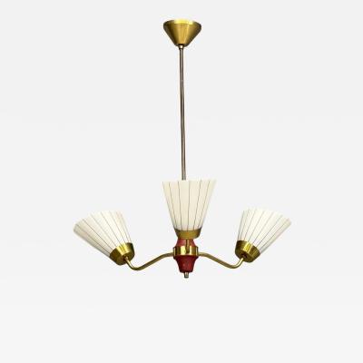 Swedish Modern Three Light Pendant Light Brass Wood Glass Sweden 1950s