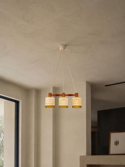Swedish Modern Three Light Pendant Light Teak Glass Sweden 1950s