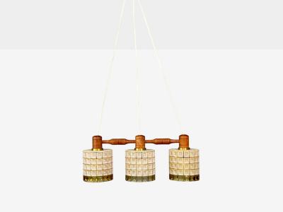 Swedish Modern Three Light Pendant Light Teak Glass Sweden 1950s