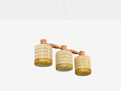 Swedish Modern Three Light Pendant Light Teak Glass Sweden 1950s