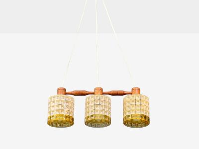 Swedish Modern Three Light Pendant Light Teak Glass Sweden 1950s