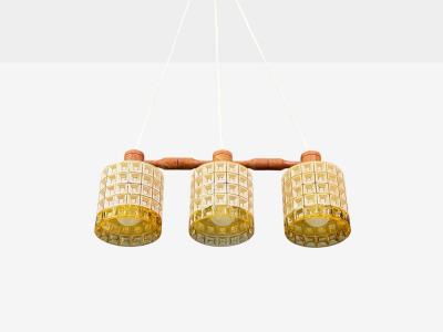 Swedish Modern Three Light Pendant Light Teak Glass Sweden 1950s