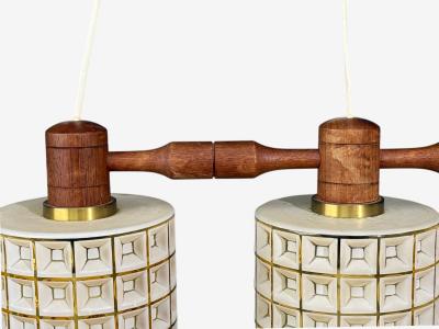 Swedish Modern Three Light Pendant Light Teak Glass Sweden 1950s