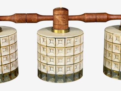 Swedish Modern Three Light Pendant Light Teak Glass Sweden 1950s