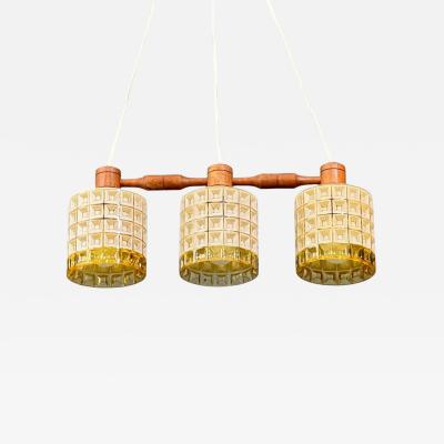 Swedish Modern Three Light Pendant Light Teak Glass Sweden 1950s