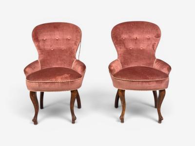 Swedish Modern Traditional Slipper Chairs Pink Velvet Wood Sweden 1950s