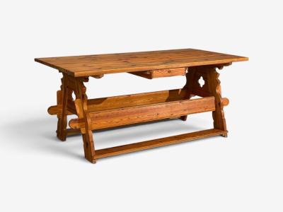 Swedish Modern Trestle Dining Table Carved Pine Sweden 1950s