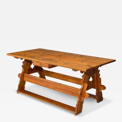 Swedish Modern Trestle Dining Table Carved Pine Sweden 1950s