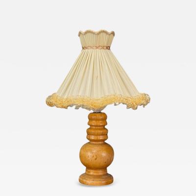 Swedish Modern Turned Birch Silk Table Lamp Sweden 1960s
