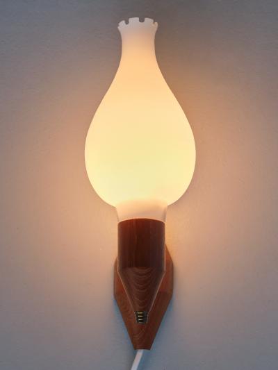 Swedish Modern Wall Lamps in Teak Wood Brass and Opaline Glass Sweden 1950s