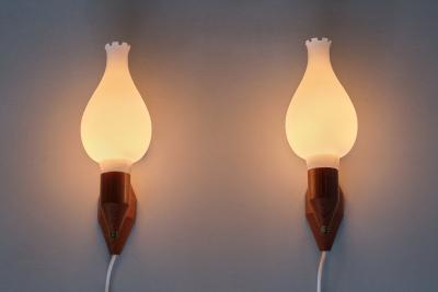 Swedish Modern Wall Lamps in Teak Wood Brass and Opaline Glass Sweden 1950s