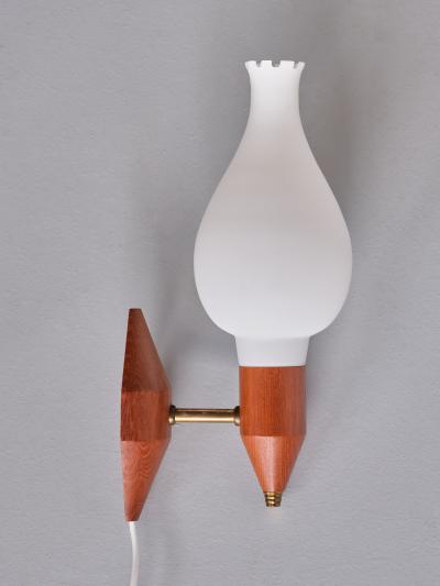 Swedish Modern Wall Lamps in Teak Wood Brass and Opaline Glass Sweden 1950s