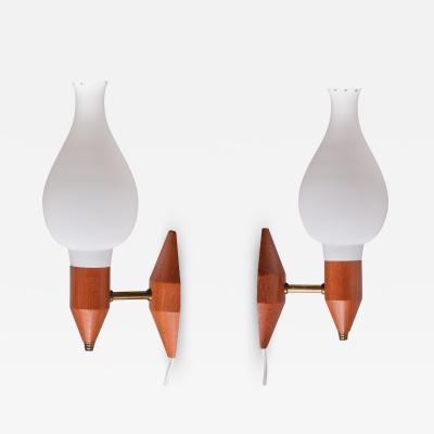 Swedish Modern Wall Lamps in Teak Wood Brass and Opaline Glass Sweden 1950s