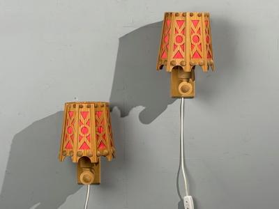 Swedish Modern Wall Lights Pine Red Textile Sweden 1970s