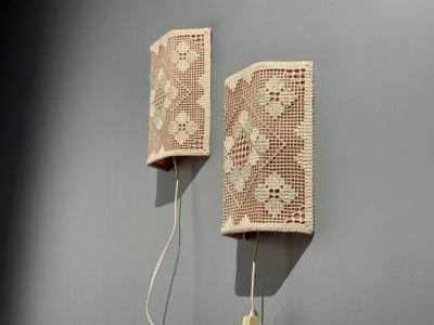 Swedish Modern Wall Sconces Pink and White Crocheted Fabric Sweden 1970s
