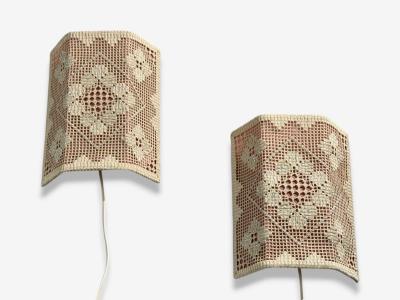 Swedish Modern Wall Sconces Pink and White Crocheted Fabric Sweden 1970s