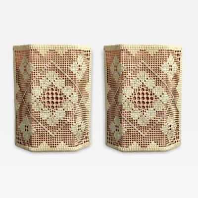 Swedish Modern Wall Sconces Pink and White Crocheted Fabric Sweden 1970s