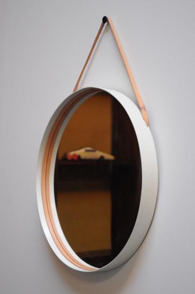 Swedish Modern White Bentwood Mirror with Leather Hanging Strap by Glas M ster