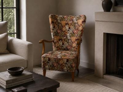 Swedish Modern Wingback Lounge Chair Birch Fabric Sweden 1950s