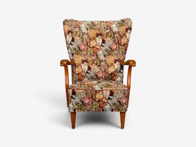 Swedish Modern Wingback Lounge Chair Birch Fabric Sweden 1950s