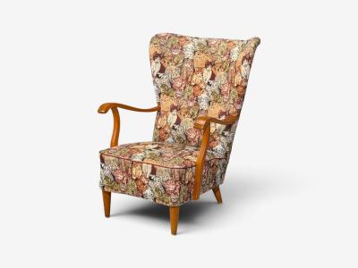 Swedish Modern Wingback Lounge Chair Birch Fabric Sweden 1950s