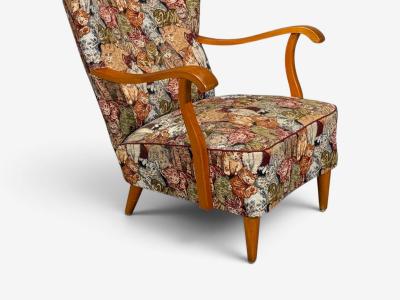 Swedish Modern Wingback Lounge Chair Birch Fabric Sweden 1950s