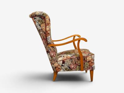 Swedish Modern Wingback Lounge Chair Birch Fabric Sweden 1950s
