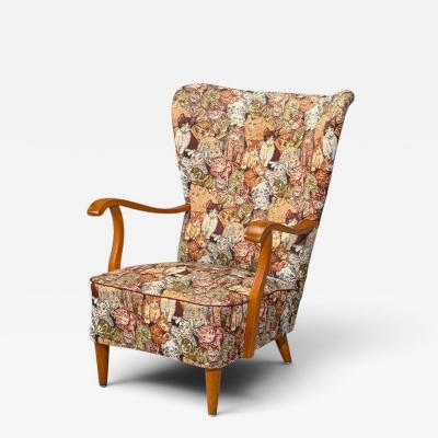 Swedish Modern Wingback Lounge Chair Birch Fabric Sweden 1950s