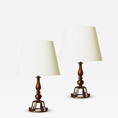 Swedish Monumental Pair Table Lamps in Patinated Brass