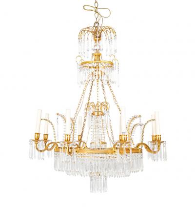 Swedish Neoclassic Gilt Bronze Crystal 8 Arm Chandelier