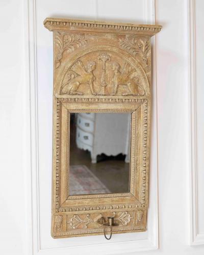 Swedish Neoclassical Painted Mirror With Sphinx Crest and Candle Sconce